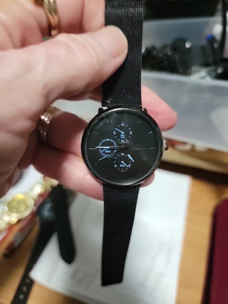 Black Geneva Watch With Black Leather Band