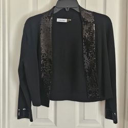 Elegant black wool cardigan, adorned with black beads, perfect for formal events and holiday celebrations, size X-Large available.