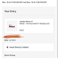 Jordan 11  Cherry With Receipt Sizes are 6x2, 6.5,9,10,11x3,11.5,12