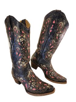 CORRAL WOMEN WESTERN COWGIRL BOOTS DISTRESSED FLORAL INLAY PINK BROWN SIZE 7 M