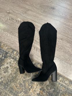 Black Suede Knee-High Heeled Boots