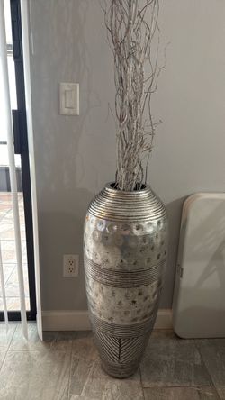 Large Silver Floor Vase with Textured Detail