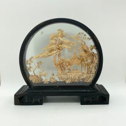 Hand Carved Cork Diorama - Asian Art - Ruanmu Hua - Cranes - Pagoda - Trees