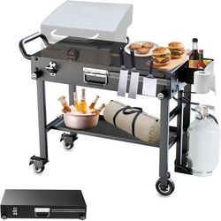 Portable Grill Cart Table for Blackstone 17" & 22" Griddle Foldable Outdoor Grill Stand with Wheels，Storage Shelf & Gas Tank Holder, Fits Onni 12" Piz