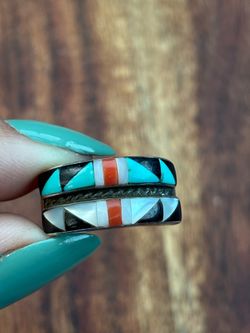Vintage Native American Roger Skeet Multi Gem Inlay Sterling Silver Ring size 10
