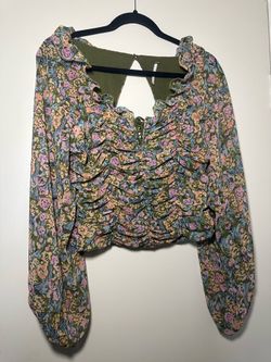 Free People Olive Floral Ruffle Front Long-Sleeve Blouse