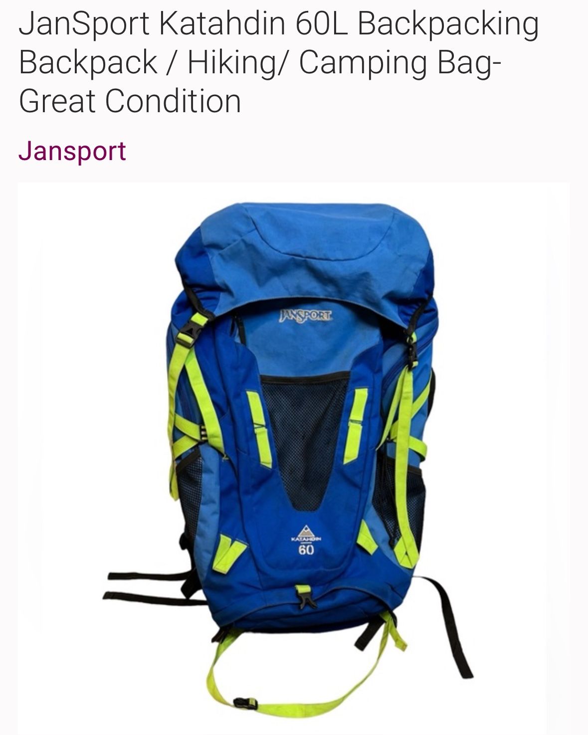 JanSport Katahdin 60L Backpacking Backpack / Hiking/ Camping Bag
