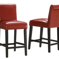 Pair Of Red Faux Leather Counter Stools