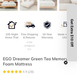 Colchón individual XL, colchón de espuma viscoelástica de 10 pulgadas en una caja, colchón con infusión de gel de té verde con funda de bambú transpir