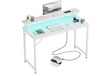 Modern White Computer Desk w/ Power Outlet, USB Ports & Monitor Shelf – 47” Home Office Desk