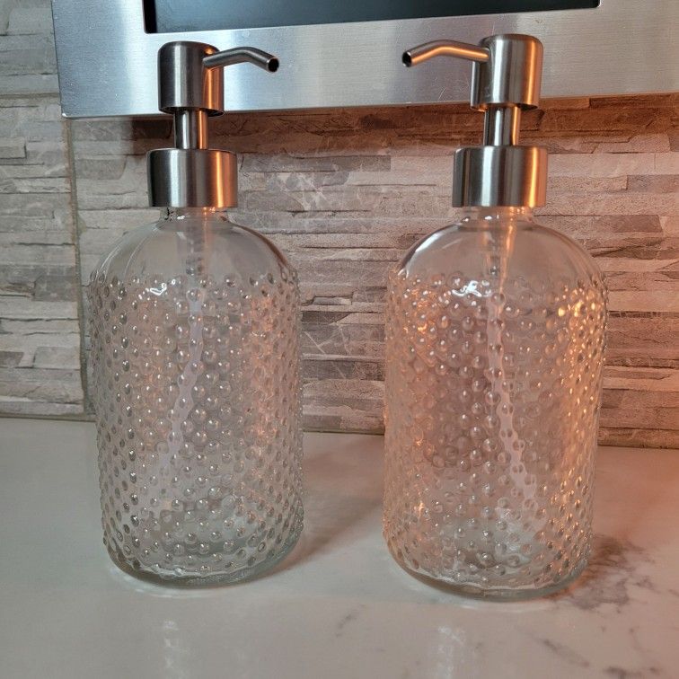 LunaLulinlk 12oz Soap Dispenser 2 Pack Clear Glass for Kitchen Sink, Bathroom (Transparent)