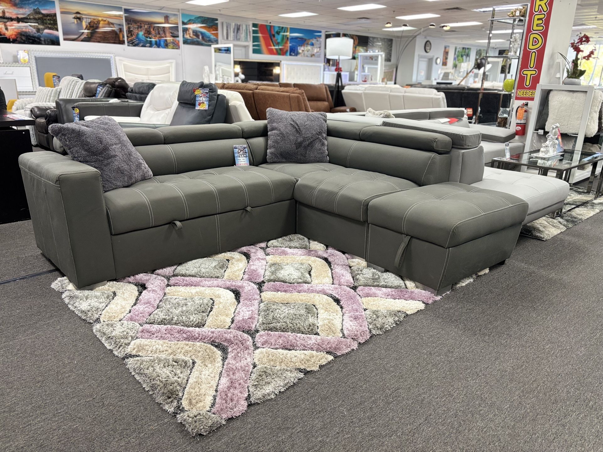 Gray Sleeper Sectional Sofa W/ Storage Ottoman For Sale ( Brand New Furniture)