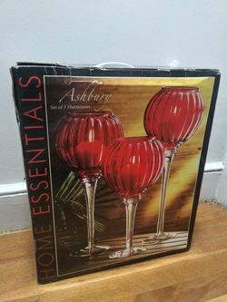 Home Essentials And Beyond Ashbury Set Features Three Red Glass Hurricane Candleholders Used In Box