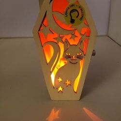 Orange light cat wood box coffin Halloween unpainted