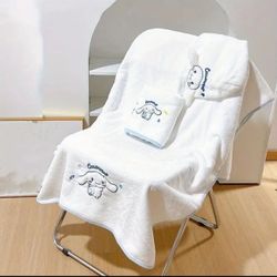 3pcs/set Cinnamoroll Plush Bath Towel Set, Cute Cartoon Embroidery Pattern Bath Towel & Absorbent Quick Drying Towel, And Fluffy Hair Dryer Cap