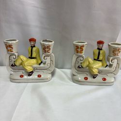 Vintage Set Of Two Hand-Painted Japan Porcelain Figural Duo Candleholder - Asian Boy