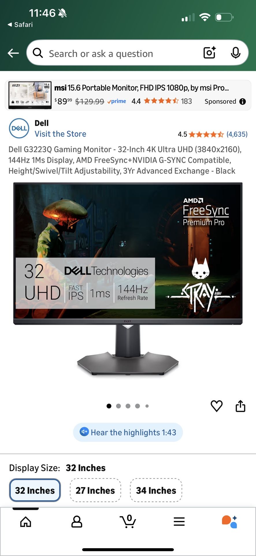 Dell 32 4K UHD Gaming Monitor - G3223Q / 144hz / HDMI 2.1