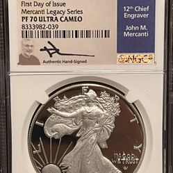 2025 W American Silver Eagle Proof (ASE), FDOI First Day of Issue, Mercanti Hand Signed Legacy Series Signature, PF70 Ultra Cameo, Pop of 40