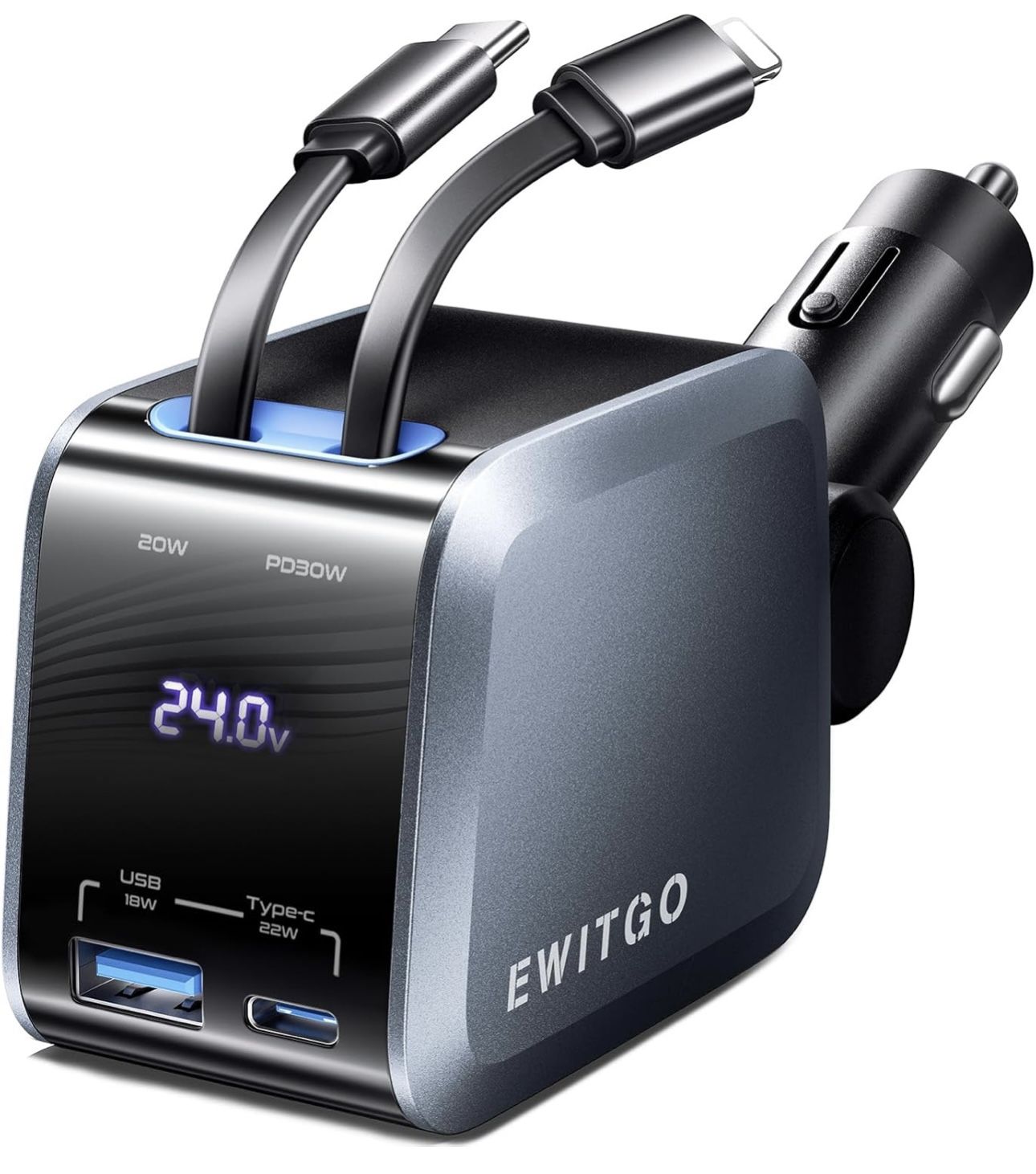 Retractable Car Charger, Car Accessories, 72W Fast Charging USB C Car Charger with 4FT Retractable Cables and 2 Ports, for iPhone 16 15 14 13 12, Sams