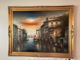 Framed Venetian Canal Oil Painting