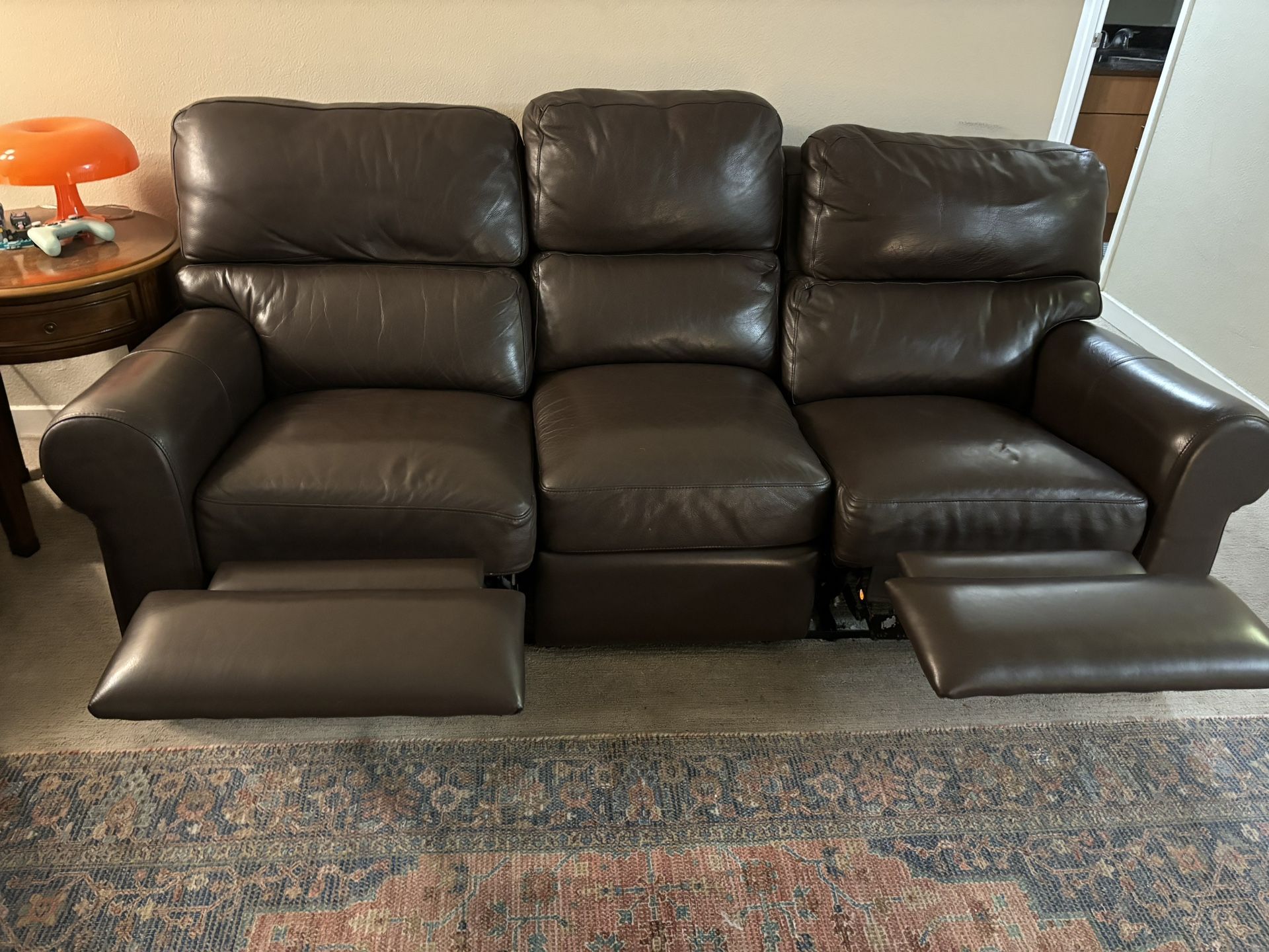 Reclining Leather Couch + Chair & Ottoman