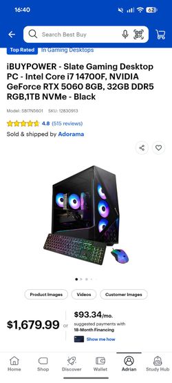 iBUYPOWER gaming PC - Intel core i7 14700F Nvidia GeForce RTX 5060 8GB, 32GB DDR5