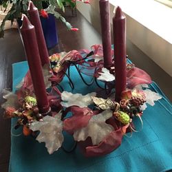 Metal Maple Leaf Wreath With Added Candles and Ribbon