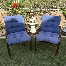 2 Brown Patio Chairs w/ Blue Cushions