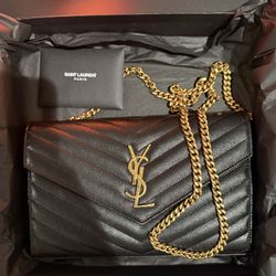Saint Laurent YSL Large Wallet On Chain Black Gold WOC Envelope Full Set Excellent