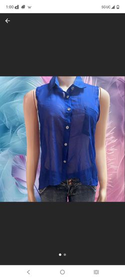 Blue Sleeveless Sheer Button-Up Shirt