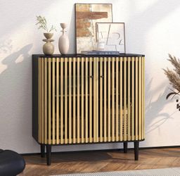 Accent Cabinet with 2 Bamboo Doors, 32" Sideboard Buffet Cabinet, Modern Decorative Bathroom Cabinet for Living Room, Dining Room, Entryway, Natural W