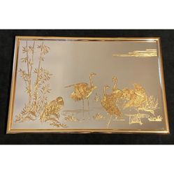Vintage Asian Style Hollywood Regency Wall Mirror Etched Gold Crane Birds 35”