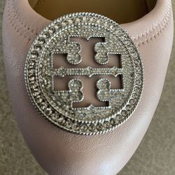 Tory Burch Liana Ballet Flats – Seashell Pink Nappa Leather Rhinestone Logo – Women’s Size 9 w/ Box