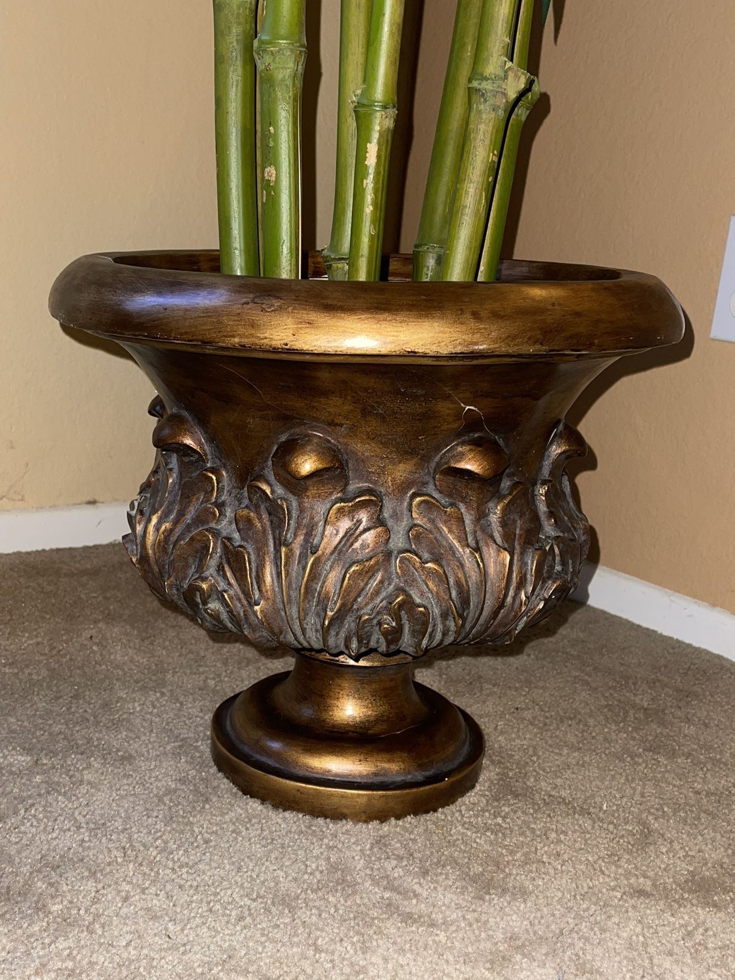 Carved Flower Vase With Wide Mouth. Diameter 14”. High 13”