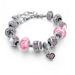 Silver Charm Bracelet With Crystal Decorated Heart Pendant Ladies Luxury Jewelry