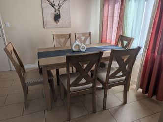 Modern Farmhouse Dining Table + 6 Chairs (Upholstered Seats with Nailhead Trim)