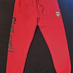Friday the 13th Jason Voorhees Drawstring Embroidered Stretch Red Joggers Mens L
