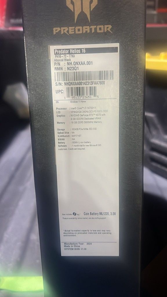Gaming Laptop Acer Predador Helios 16 Intel Core I7-14700HX 16Gb Ram 1Tb SSD RTX 4070 Open Box Open to Trades