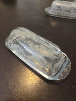 New Butter Dish, Hand Etched Glass, Angel Gabriel Horn Etched On All Sides, Closeout, Only a Few Left