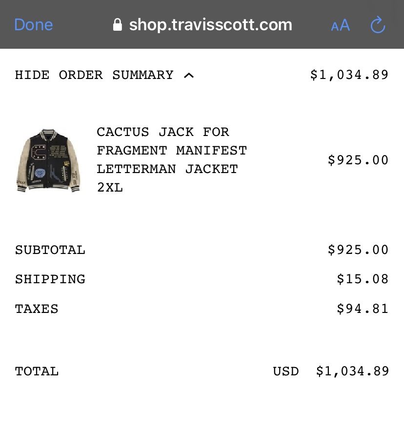 Travis Scott Cactus Jack For Fragment Mainifest Letterman Jacket