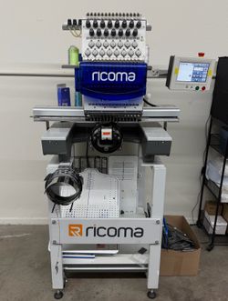 Ricoma 15-Needle Commercial Embroidery Machine w/ Stand, Hat Attachment & Hoops