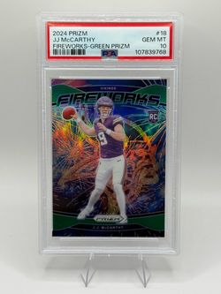 💎 2024 Panini Prizm JJ McCarthy Fireworks Green Prizm Rookie #18 PSA 10 GEM MINT💎