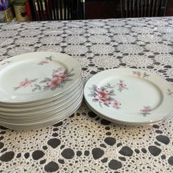 Harmony House Dogwood fine china Gray leaves, pink flowers,with platinum / silver trim . 7.5” SALAD PLATES, Set Of 11