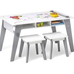 Wildkin Kids Arts and Crafts Table Set for Boys and Girls, Mid Century Modern Design, Includes Two Stools, Paper & Storage Cubbies Underneath Helps Ke