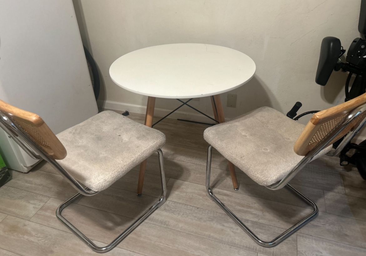 Wood Table and Rattan Chair Set of 2 Mid Century Modern