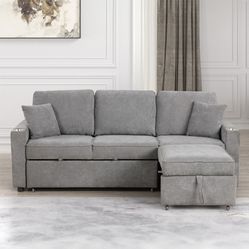 2pcs Sectional Sofa w/pullout chaise,cupholders & pulloutbed
