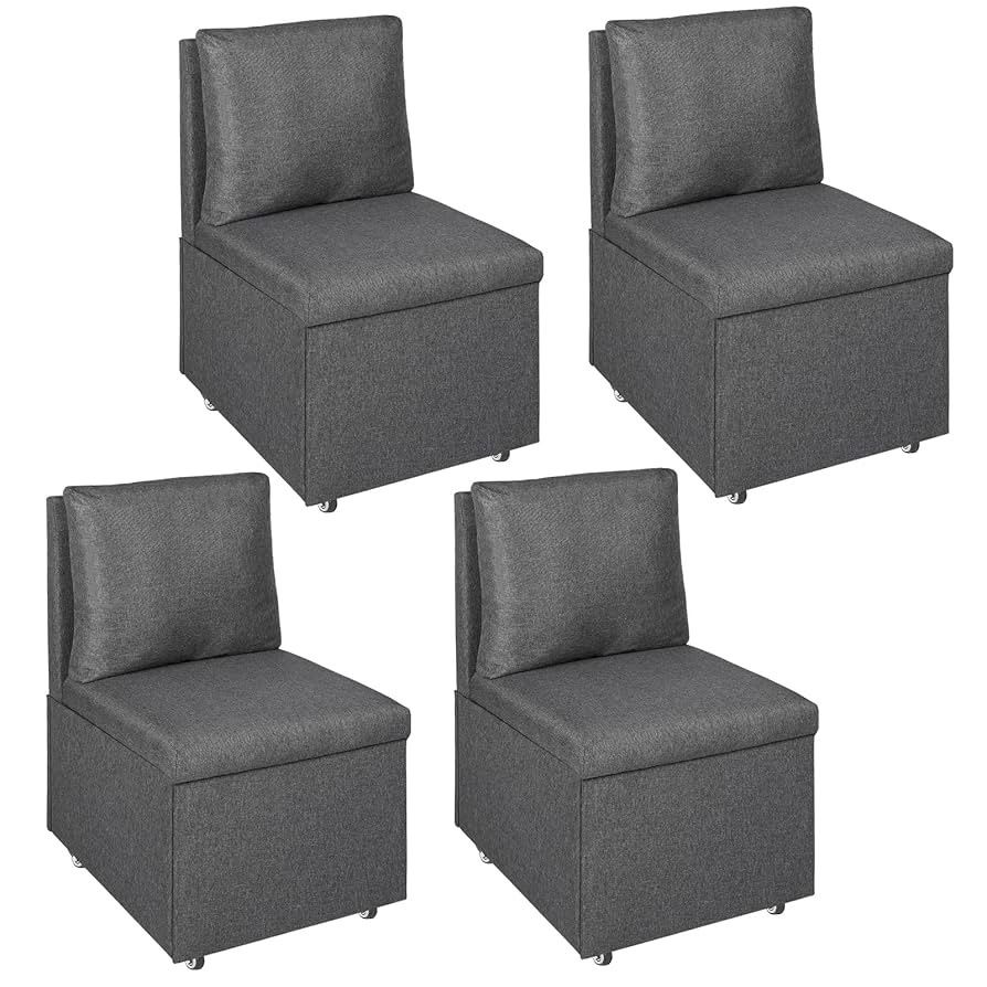 Dining Chairs with Casters Set of 6 Rolling Upholstered Dining Chair with Storage & Detachable Back Pillows, Modern Linen Accent Chair for Kitchen Bed