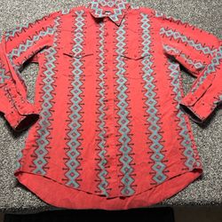 Vintage Wrangler Red Teal Aztec Pattern Western Brushpopper Shirt Mens Size XL