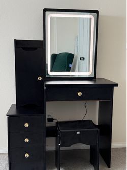 Black Wood Vanity with Mirror&  3-Color LED Lights – Great Condition