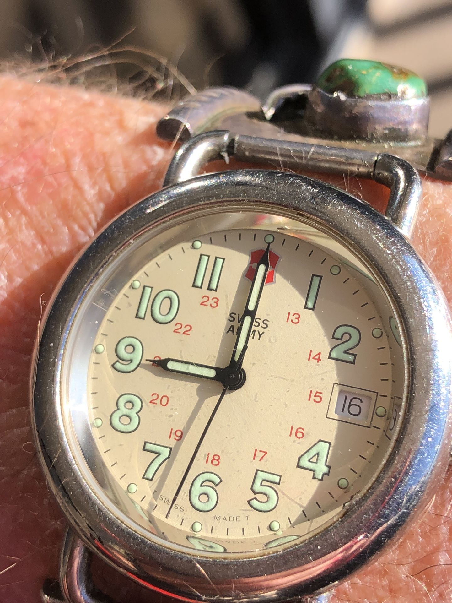 Swiss Army Watch With Old Turquoise Pawn Bracelet
